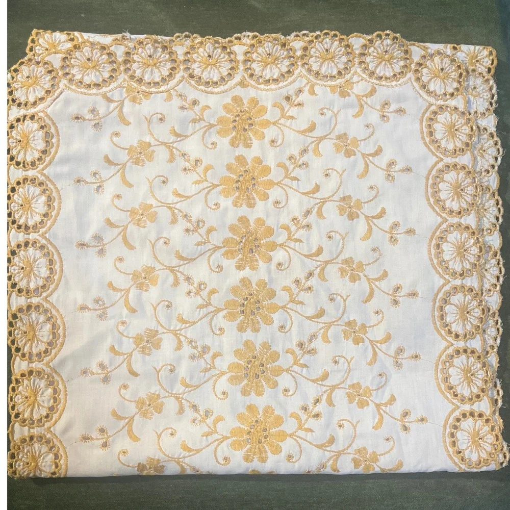 Vtg Embroidered Dresser Scarf Table Runner Ecru Eyelet 16x28 gold Yellow Floral
